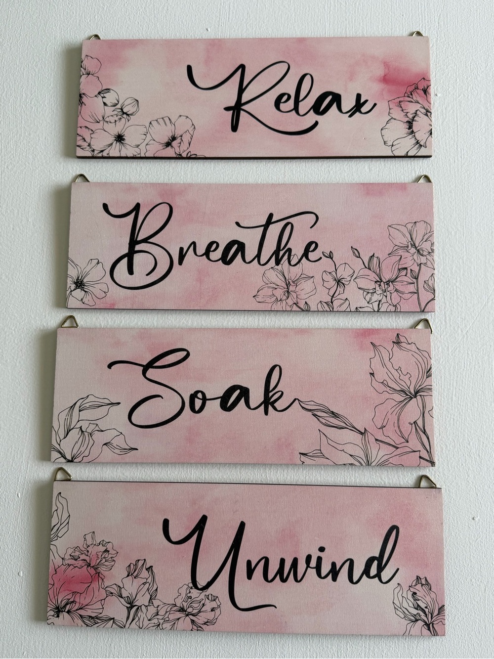 Set of 5 Hanging Wall Decor Relax Unwind Soak Breath Pink Floral